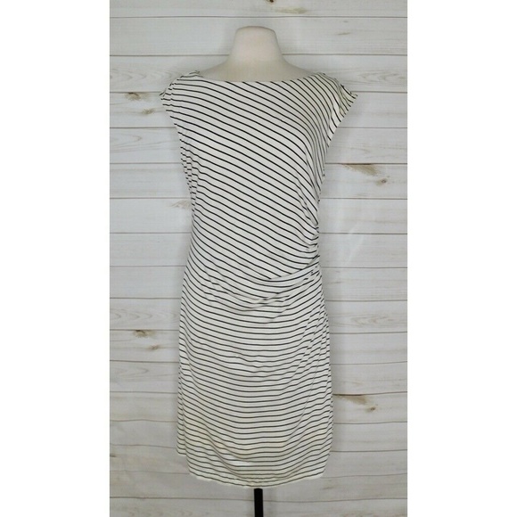 Ann Taylor LOFT Gathered Stripe Side Ruched Jersey Knit Pullover Dress ~ Large - Picture 1 of 11
